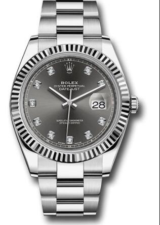 Replica Rolex Steel and White Gold Rolesor Datejust 41 Watch 126334 Fluted Bezel Dark Rhodium Diamond Dial Oyster Bracelet